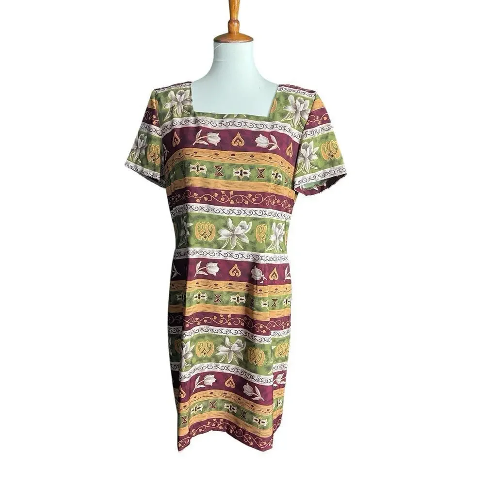 Vintage Sag Harbor Dress Women Size 12 Burgundy Green Yellow Square Neck Floral - Picture 4 of 6